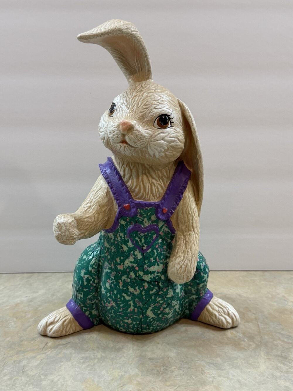 Vintage Signed Lois Rabbit Bunny Figurine Green Floral Dress Purple Hand Painted